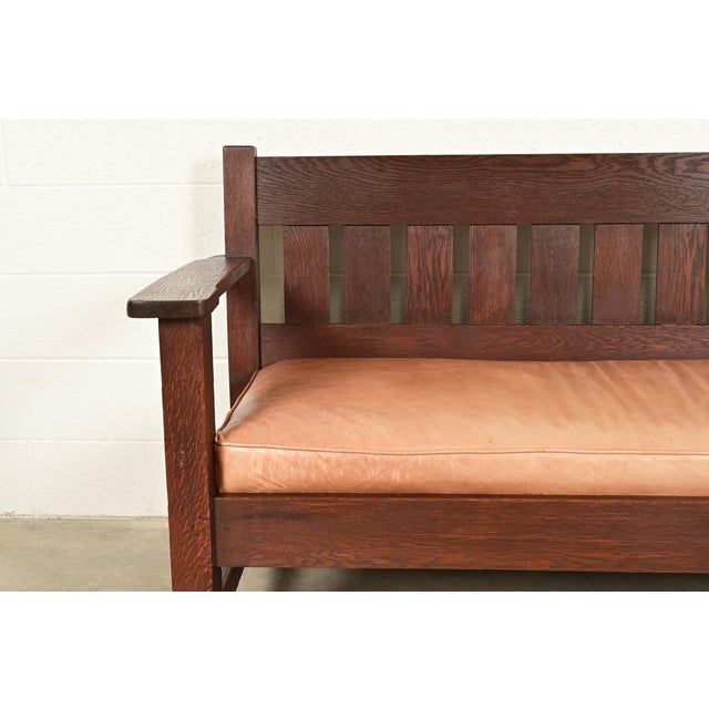 Mission Stickley Brothers Style Antique Mission Oak Arts & Crafts Open Arm Settle Sofa, Circa 1910 For Sale - Image 3 of 14