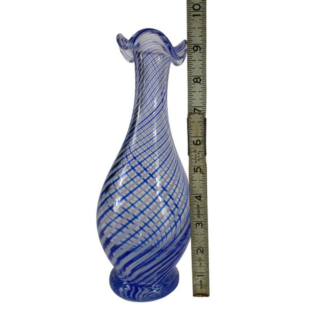 Late 20th Century Turkish Pasabahce Blue Spiral Pattern Ruffle Top Vase For Sale - Image 10 of 11
