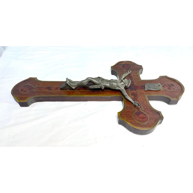 19th Century Antique 1800's French Bronze Patinated Metal Inlaid Wood Wall Crucifix Cross For Sale - Image 5 of 12