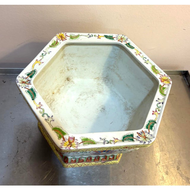 Chinese Chinese Yellow Floral Ceramic Hexagonal Planter For Sale - Image 3 of 4