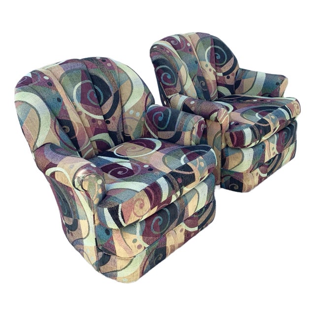 Vintage Postmodern Clam Shell Swivel Rocking Chairs - A Pair For Sale