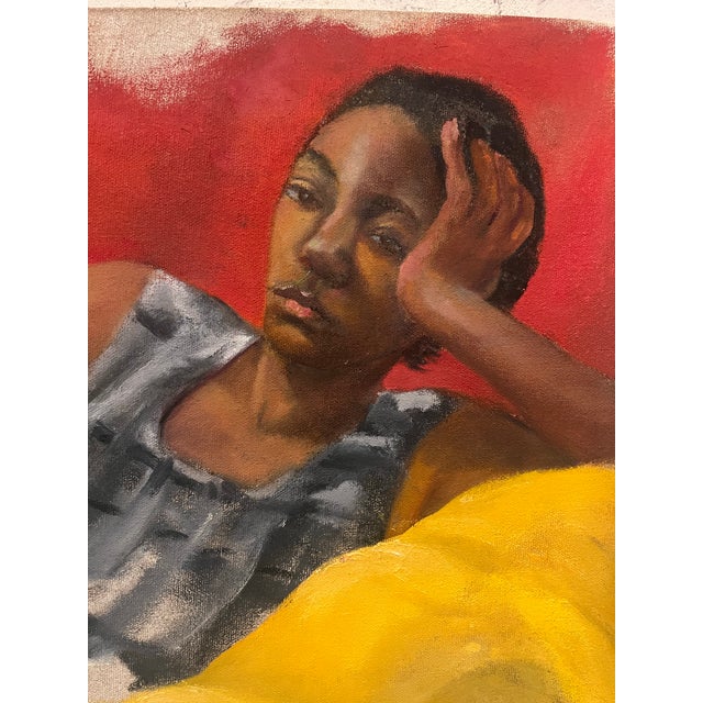 Mid-Century Modern Vintage Original Modernist Figurative Painting Reclining Woman Red Yellow Abstract Art Mid Century For Sale - Image 3 of 8