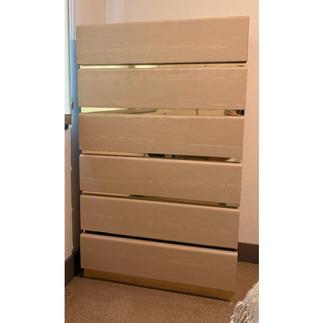 Rare Architectural Postmodern Tall 5 Drawer Chest With Brass Inlay Mirrored Accents, C. 1980s, Mahey Inspired For Sale In Houston - Image 6 of 8