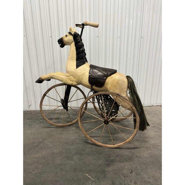 Wood Vintage Victorian Style Hand Carved Wooden Childs Pedal Horse Tricycle For Sale - Image 7 of 8