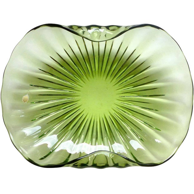 Vintage Murano Barbini Sommerso Green Italian Art Glass Ribbed Mid Century Center Bowl With Partial Label For Sale