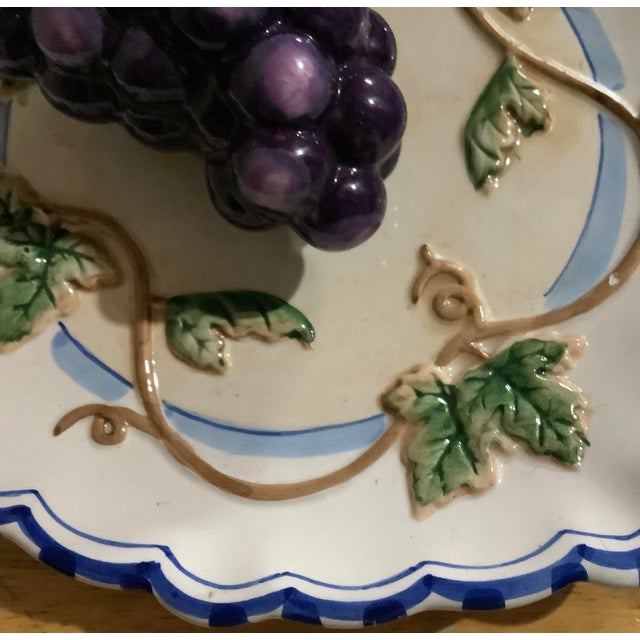 Casa Bella Vintage Bella Casa by Ganz Trompe L’Oeil Blue and White Plaid 3d Fruit Grapes Plate For Sale - Image 4 of 6