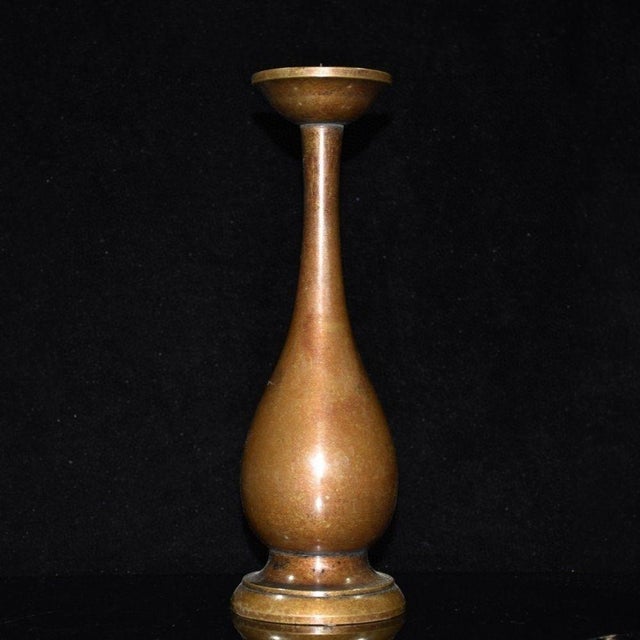 Chinoiserie Vintage Pair Solid Copper Tall Candlesticks, Elegant Pear Shape Stemmed Candle Holders, Chinoiserie Matching Altar Set For Sale - Image 3 of 9