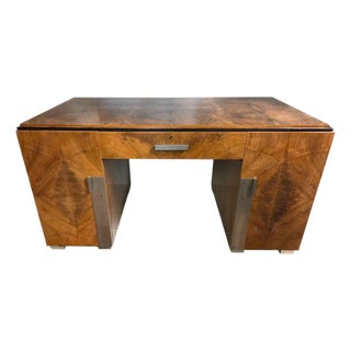 1930s Exceptional French Burl Walnut + Nickel Bronze Executive Office Desk / Writing Table/ Bureau Plat For Sale