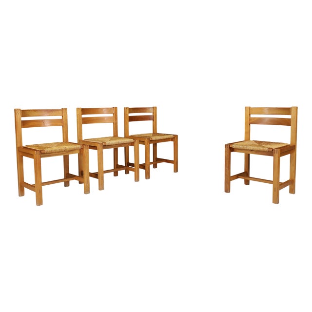 Mid-Century Modern Elm and Rush Dining Chairs attributed to Maison Regain, France, 1960s, Set of 4 For Sale
