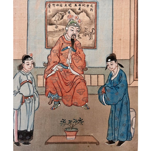 Antique painting on silk portraying a young couple trying to figure out on the most auspicious day to get married, with...