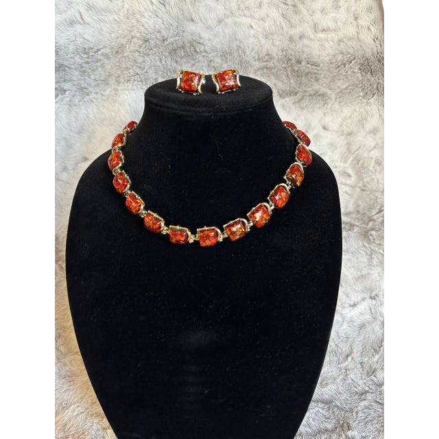 Confetti Fashion Design by Coro Square Cocktail Retro Costume Necklace with earrings set. Lucite square bling with orange,...
