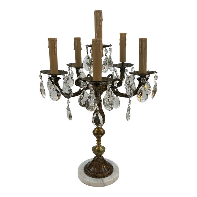 Bronze Crystal and Marble Electrified Tabletop Candelabra Lamp For Sale