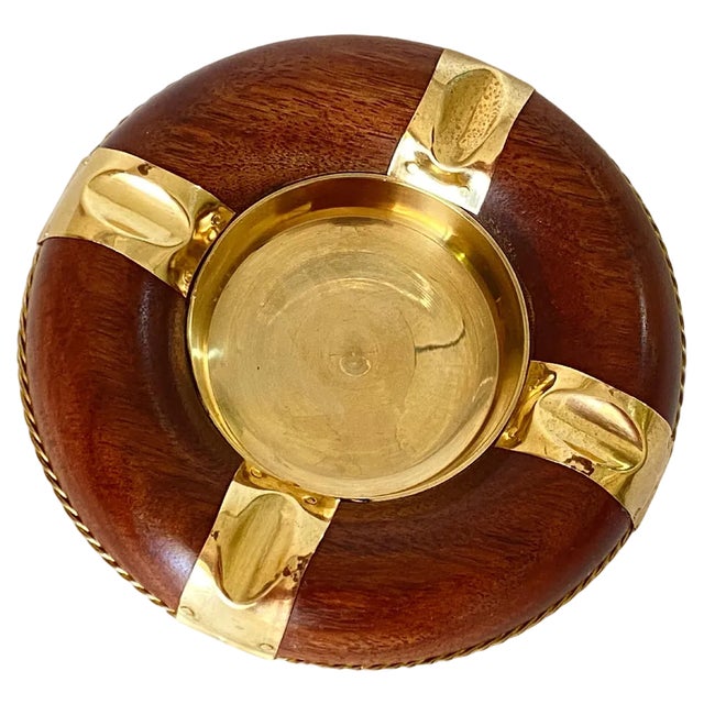 Wood and Brass Ashtray in Brown and Gold, France, 1970 For Sale