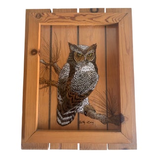 Late 20th Century Reverse Painting on Glass of Great Horned Owl on a Pine Branch For Sale