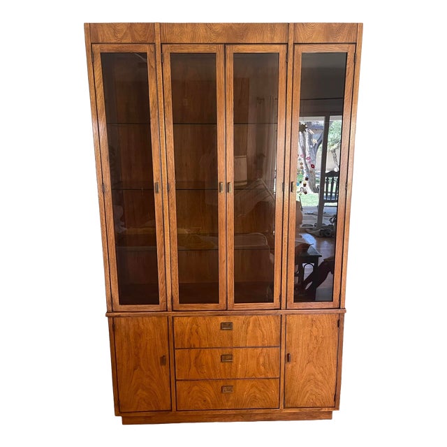 1970s Drexel Heritage Campaign Style Mid Century Modern China Cabinet For Sale