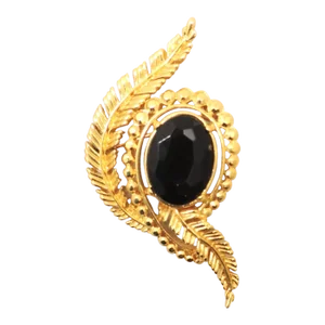 Vintage 1966 Signed Crown Trifari Goldtone Leaves Oval Faux-Onyx Brooch