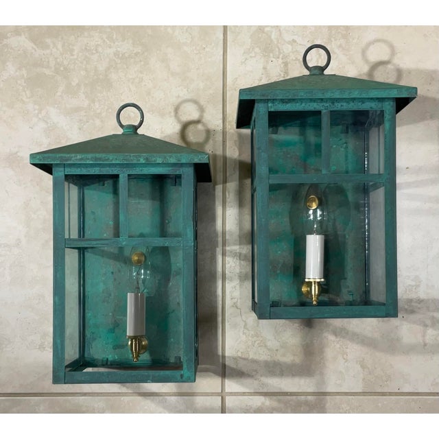 Vintage Pair of Solid Brass Outdoor Wall Lanterns – 13”h X 7”.5w X 7”.5d For Sale - Image 13 of 18
