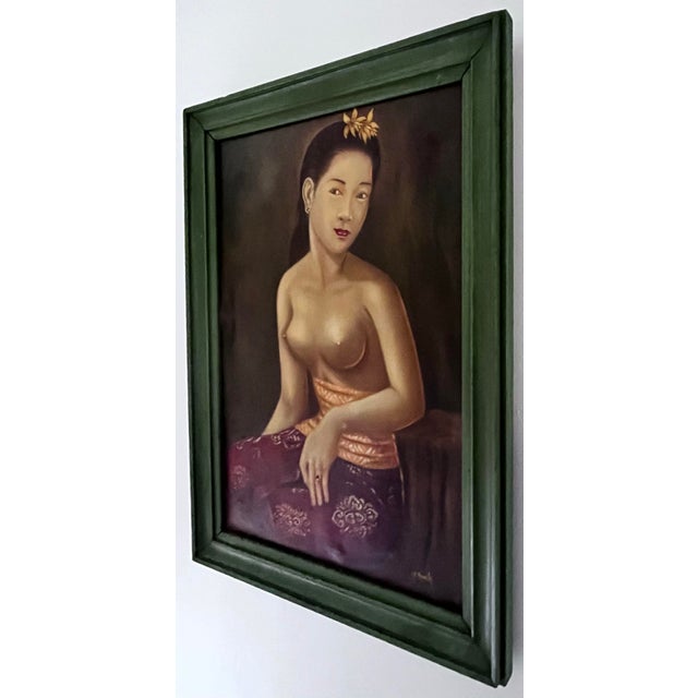 Portraiture Vintage Balinese Oil Portrait of Young Woman Signed i.b. Swela, Framed For Sale - Image 3 of 8