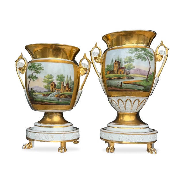 Empire-Style Gilt Porcelain Landscape Vases With Paw Feet — Set of Two For Sale - Image 4 of 6