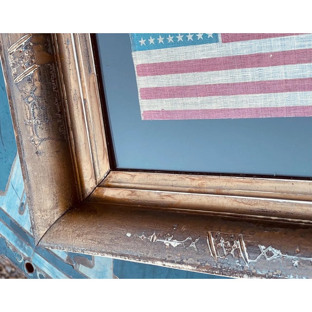 Blue Rare and Fine Antique American Flag 1912 Staggered 48 Star Glazed Cotton in Antique Gilt Frame For Sale - Image 8 of 10