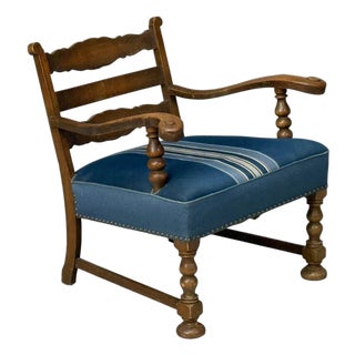 Danish Cabinetmaker, Armchair, Wool, Carved Oak, Denmark, 1920s For Sale