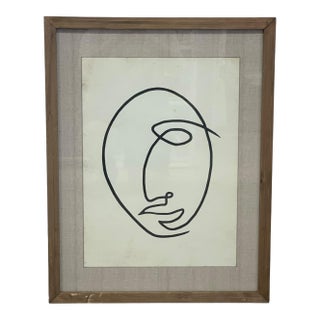 1970s Framed Modernist Abstract Line Drawing Face Portrait With Linen Mat For Sale