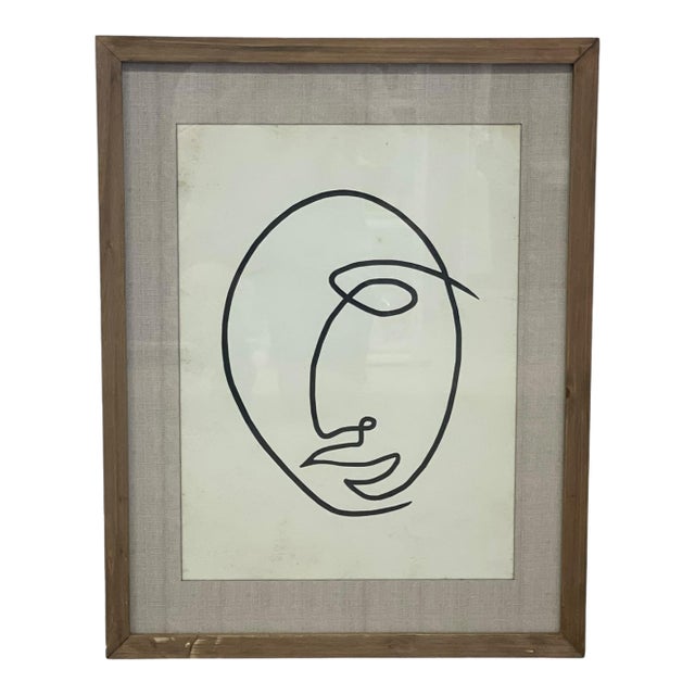 1970s Framed Modernist Abstract Line Drawing Face Portrait With Linen Mat For Sale