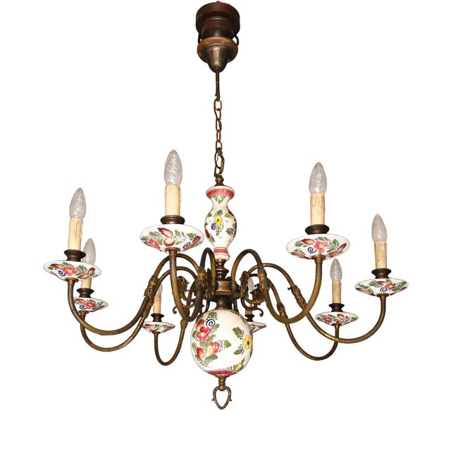 French Brass and Hand-Painted Porcelain 8-Light Chandelier, 1950s For Sale