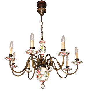 French Brass and Hand-Painted Porcelain 8-Light Chandelier, 1950s