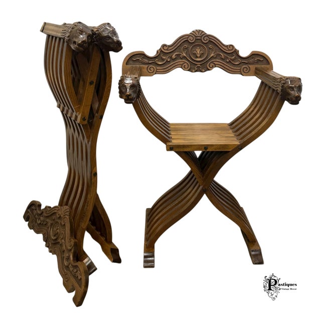 Vintage Regency Style Walnut Lions Head Folding / Accent Chairs - Pair For Sale - Image 10 of 12