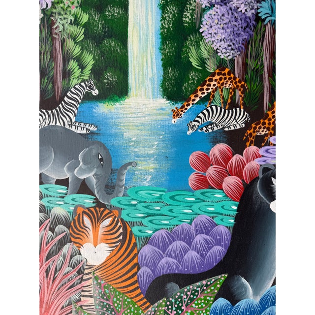 1980s Vintage Haitian Folk Art Wildlife Jungle Scene Oil on Canvas – Framed For Sale - Image 5 of 13
