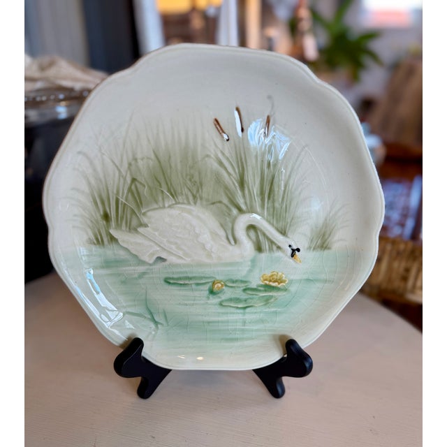 Charming late 19th Century French Majolica Plate signed Choisy le Roi. Ceramic Faience dish features a lovely Swan...