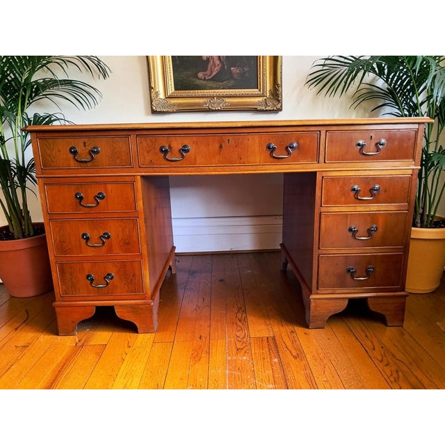 Vintage Twin Pedestal Desk in Yew Wood and Leather Top, 1980 For Sale - Image 10 of 18