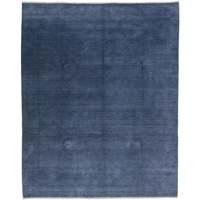 Modern Gabbeh Hand-Loom Solid Blue Wool Rug With Minimal Design For Sale - Image 13 of 13