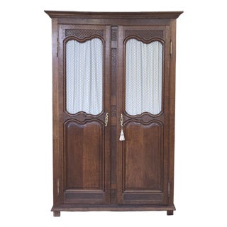 Antique French Provincial Wardrobe With Wire Grills and Interior Blue Curtains For Sale