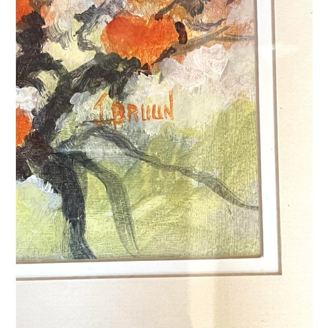 Vintage Modern Contemporary abstract art of a tree branch in hues pistachio and mandarin Artist signed Double matted...