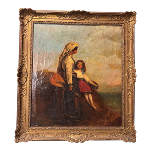 Mid 19th Century Antique Ornate Framed Genre Scene Oil Painting Canvas Gypsy Musicians c.j. Lewis