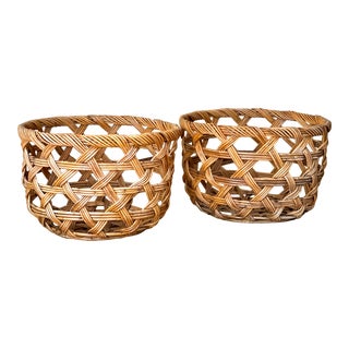 1950s Bielecky Brothers Woven Rattan Baskets or Jardinieres - a Pair For Sale