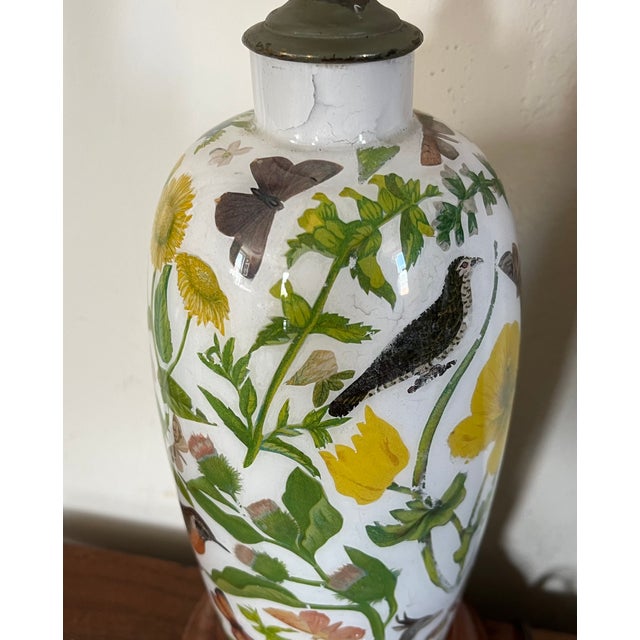 Wood Antique English Victorian Decalcomania Reverse Painted Glass Vase Decorated With Birds, Butterflies, Flowers and a Deer Mounted as a Table Lamp For Sale - Image 7 of 12