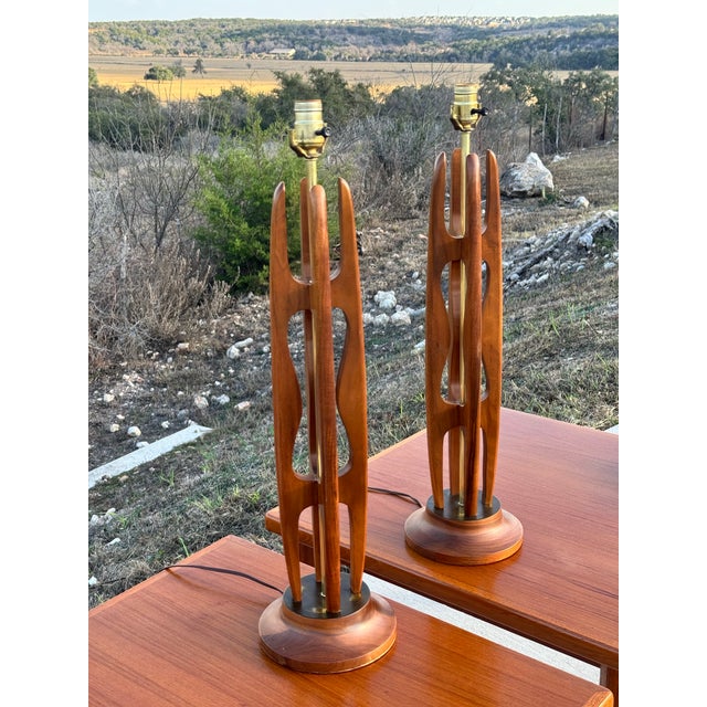 Wood Pair of Vintage C. 1960s Mid Century Modern Sculptural Walnut & Brass Table Lamps For Sale - Image 7 of 9