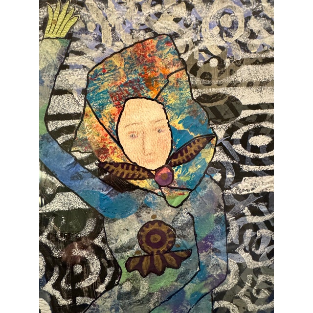 Original art featuring two stylized women in textured garments against a busy pattern background, on a 16”x 20” board,...