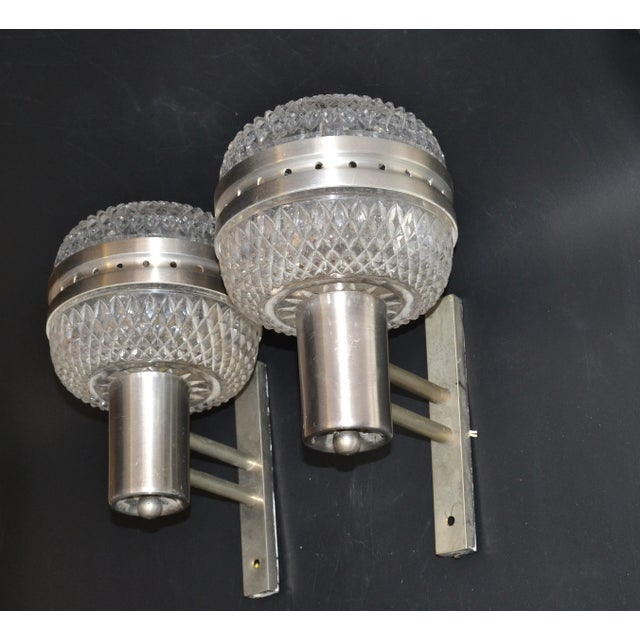 Mid-Century Modern Mid-Century Modern Italian Brushed Stainless Steel & Cut Glass Sconces - Pair For Sale - Image 3 of 13