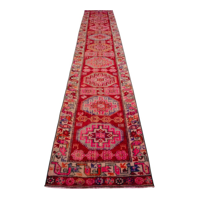 1960s Vintage Hand-Knotted Colorful Runner Rug 2x13 Ft Approx For Sale