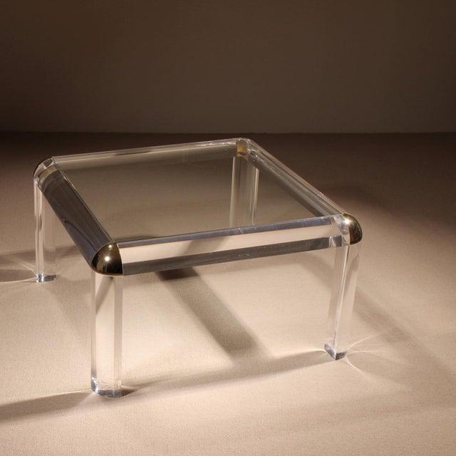Metal Square Acrylic and Brass Coffee Table in the style of Karl Springer, 1970s For Sale - Image 7 of 13