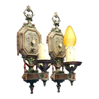 1920s Cast Aluminum Wall Sconces With Silver Red and Green Finish - Pair For Sale