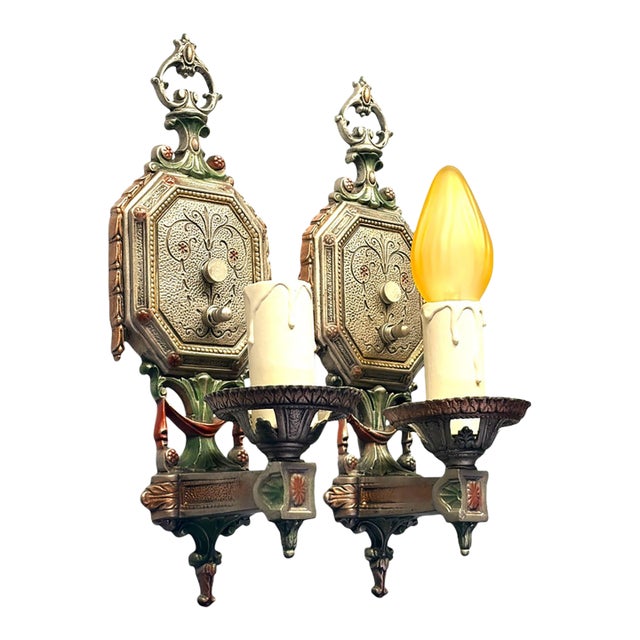 1920s Cast Aluminum Wall Sconces With Silver Red and Green Finish - Pair For Sale