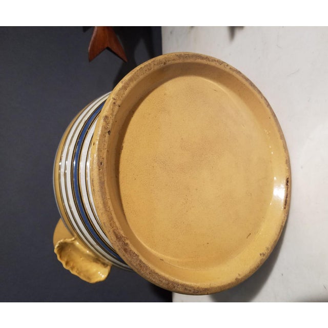 Ceramic Large Mocha Yellow Ware Jug With Blue, White and Brown Slip Bands and Shell Grip For Sale - Image 7 of 10