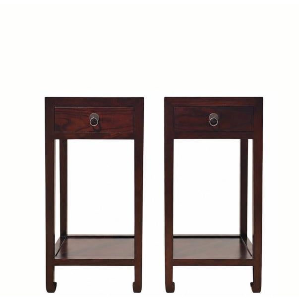 This pair of elegant Asian accent tables is handmade from solid elm. With a single drawer and four elegantly shaped legs...