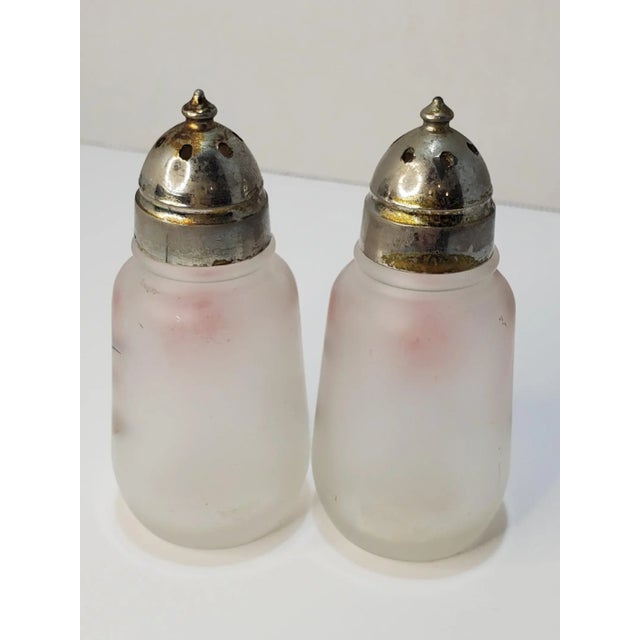 Art Nouveau Boho Chic Hazel Atlas Satin Glass With Painted Floral Design Salt & Pepper Shakers For Sale - Image 3 of 9