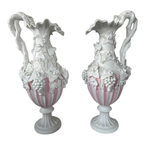 Pair of Antique Parian Bisque Porcelain Grape & Leaf Decorated Ewers